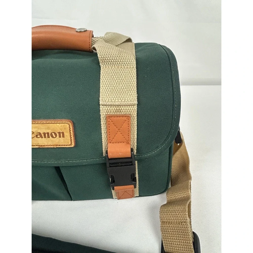 Vintage Canon Camera Bag Green Canvas Leather Trim Strap 12 x 9 x 7 Padded Case